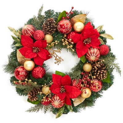 24" Christmas Wreath, Christmas Artificial Garland with Red Flowers & Gold Ball Ornaments for  Front Door Fireplace Window Wall Decor
