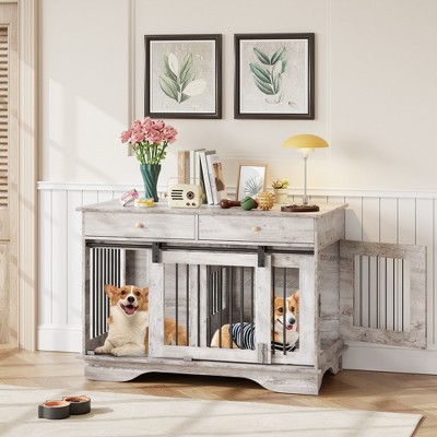 Dog Kennel Furniture, Wooden Dog Crate with Sliding Barn Door, 2 Storage Drawers and Removable Divider, 47.2" Decorative Dog House for Medium Dogs