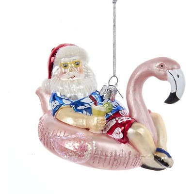 Kurt Adler Noble Gems Glass Ornament for Christmas Tree, Santa in Flamingo Pool Float