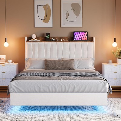 Floating Bed Frame with LED Lights & USB Charging Station – Modern Upholstered Platform Bed with Headboard, Solid Wood Slats Support