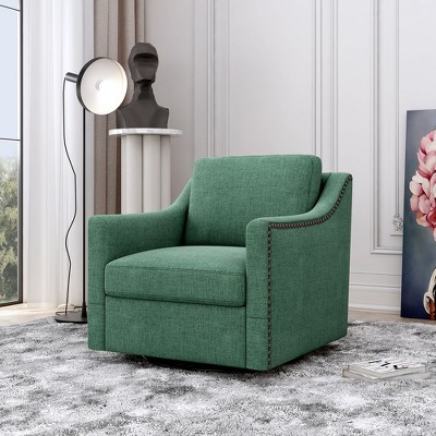 Zeus & Ruta 360° Swivel Armchair with Brass Nail Decor, Cotton Linen Skin-Friendly Fabric, Ergonomic Design for Indoor Living/Bedroom