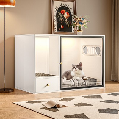 ATJafurn Cat Litter Box Enclosure Furniture Style, White Large Hidden LitterBox Cat Cabinet with Storage and Glass Door for Living Room
