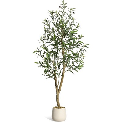 Artificial Olive Tree, Faux Silk Plant with White Planter, Natural Trunk & Fruits for Home or Office Decor