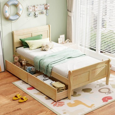 Costway Twin Size Bed Frame with 2 Storage Drawers Wood Platform Bed with Headboard Beige/White