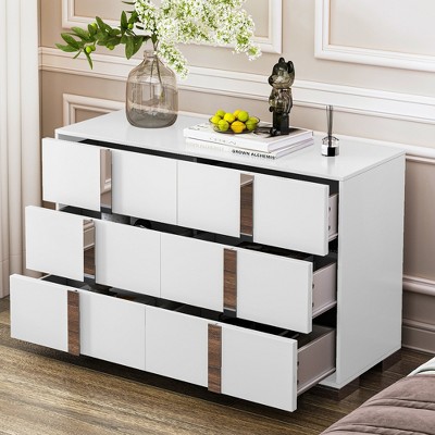 KIGFTSOD Elegant Modern Dresser with Metal Handle,Mirrored Storage Cabinet with 6 Drawers for Bedroom,Living Room,White