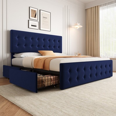 Whizmax Bed Frame with 4 Storage Drawers , Upholstered Platform Bed Frame with Wooden Slats Support, Button Tufted Design, No Box Spring Needed