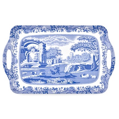 Blue Italian Large Handled Tray - Rectangular Melamine Serving Tray with Classic Blue Toile-Inspired Design and Side Handles - Dishwasher Safe Platter