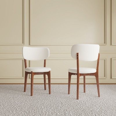 Set of 2 Modern PU Leather Dining Chairs, White Kitchen Chairs with Solid Wood Legs for Dining Room, Comfortable Family chairs