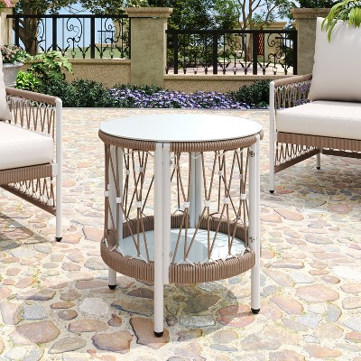 Christopher Knight Home Siren Bohemian Patio Side Table with Handwoven Rope and Glass Top