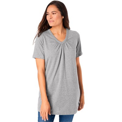 Woman Within Perfect Short-Sleeve Shirred V-Neck Tunic