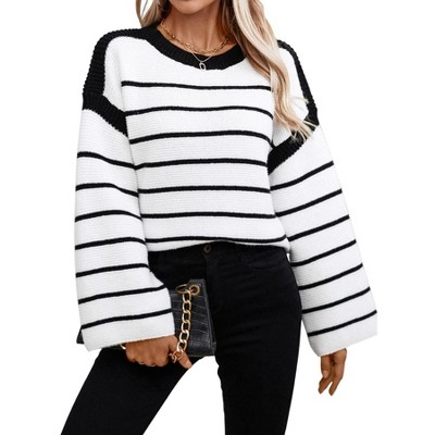 Coolmee Women Striped Knit Sweaters 2025 Oversized Fall Winter Color Block Long Sleeve Loose Pullover Tops