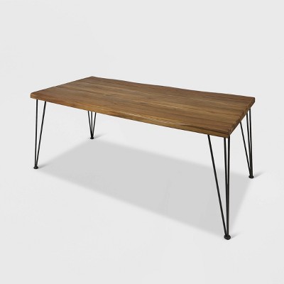 Zion Rectangular Acacia Wood Dining Table Teak: Industrial Hairpin Legs, Outdoor Use - Christopher Knight Home