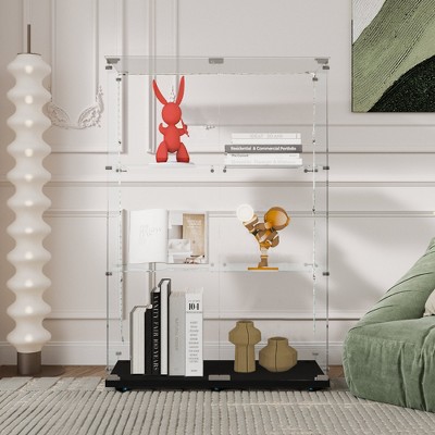 MAYEERTY Tempered Glass Display Cabinet Wine Storage Cabinet Tempered Glass Top withLED Light Strip for Bedroom Hallway Office Black