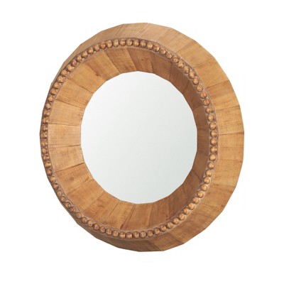 HomeRoots 30" Brown Solid Wood Faceted And Beaded Round Framed Accent Mirror