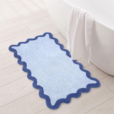 Folkulture Bathroom Rug | (20 X 32) Scallop Bath Mats for Bathroom Décor | 100% Cotton Blue Bath Rug | Bathroom Mat for Shower Accessories