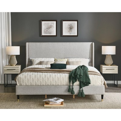 Roundhill Furniture Arles 3-Piece Upholstered Bedroom Set, Wingback Platform Bed with Two Nightstands