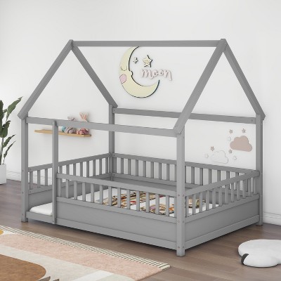 Floor Wooden Bed with House Roof Frame, Fence Guardrails