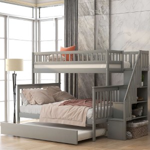 NicBex Twin over Full Bunk Bed Draggable Design Pine Frame Bed Frame with Storage Stairs, Rollers and Guardrails, No Box Spring Required - 1 of 4