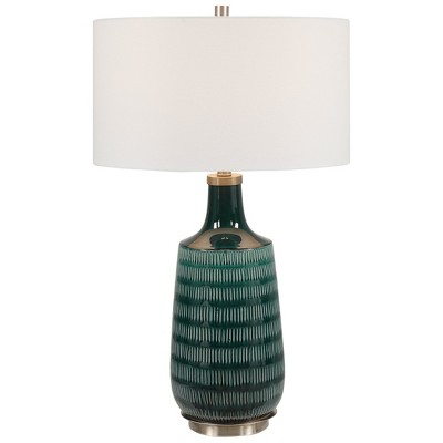 Uttermost Scouts Deep Green Table Lamp – Hand-Carved Ceramic with Brushed Nickel, 30.5" Height