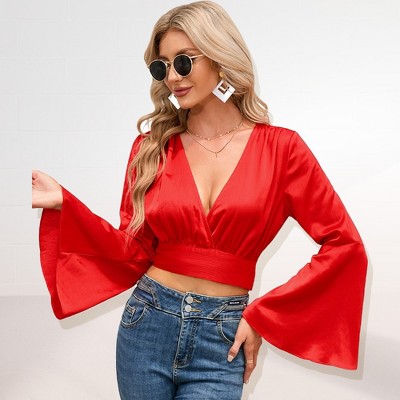 Women's Style Tops Bell Sleeve Top Wrap Blouse Tie Front Crop Top Long Sleeve Top Tee Shirts - Red,2XL