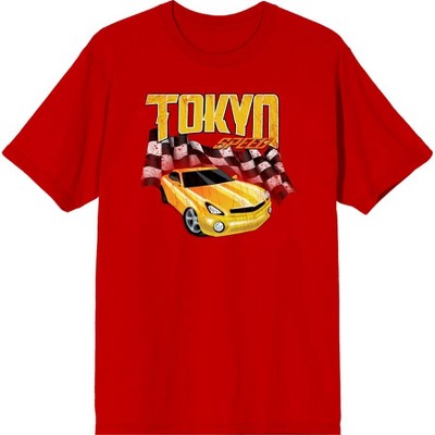 Car Fanatic - Tokyo Speed Racing Flag and Yellow Car Adult Crew Neck Short Sleeve Tee