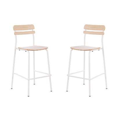 Emma and Oliver Set of 2 Bar Stools with Metal Frames and Solid Wood Seats and Backs with Antique Finishes