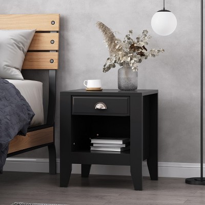 KWPZQEB Nightstand with Drawer and Open Storage Shelf, Mid Century Bedside Tables, Wood End Table Nightstands for Bedrooms, Living Room