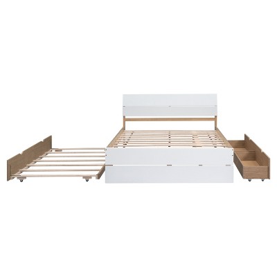 Okak Twin/Full Platform Bed Frame with Twin Trundle Modern Bed with High Gloss Headboard Strong Wood Slats No Springs Required Easy Assembly