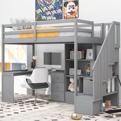 Whisen 94.4''L*57.4''W Wood Loft Bed with L-Shaped Desk and Drawers, Cabinet and Storage Staircase