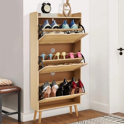 Acekool Slim Rattan Shoe Cabinet - Space-Saving 3-Tier Organizer with Flip Drawers for Hallway, Porch & Closet, Natural Weave