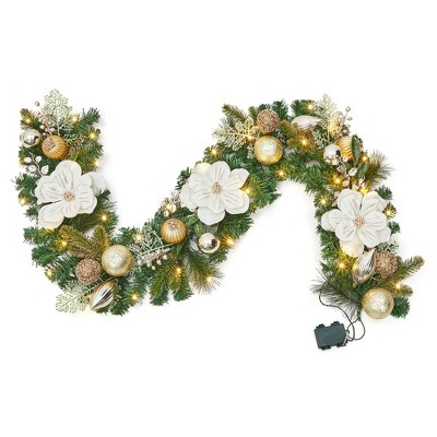 6FT Christmas Garland with Lights,Prelit Artificial Garland for Mantle with Timer 20 LED Lights Magnolia Gold Ornaments,for Stairs Railing Decoration
