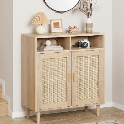 Sideboard Buffet Storage Cabinet, Rattan Kitchen Cabinet with 2 Doors/Shelf, Accent Modern Dining Living Room Coffee Bar Furniture