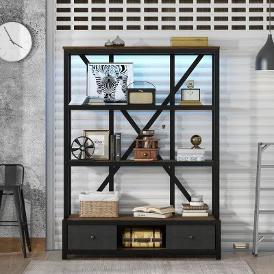 Industrial Bookshelf with Drawers and LED for Home Office Display, 51.18"W x 15.75"D x 66.93"H -Cuddlewood