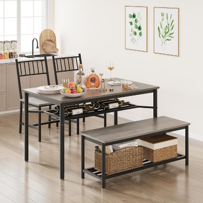 4-Person Dining Set, 3-Piece Kitchen Table with 2 Upholstered Benches, Rectangular Marble White Dining Set