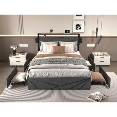 Full Size Bed Frame with Storage Headboard and Charging Station