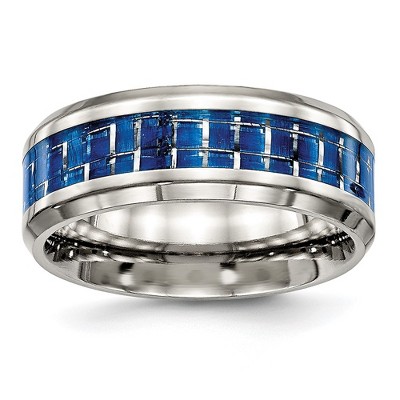 Chisel Stainless Steel Polished with Blue Carbon Fiber Inlay 8mm Beveled Edge Band Ring