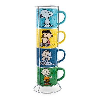 Silver Buffalo Peanuts Characters Ceramic Stacking Mug Set With Rack | Each Holds 10 Ounces