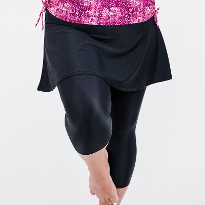 Calypsa Women's Plus Size Chlorine Resistant High Waisted Flared Swim Skort With Attached Capri Leggings