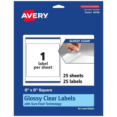 Avery Glossy Clear Square Labels with Sure Feed, 8" x 8"