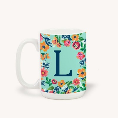 Personalization Mall Flowery Initial Coffee Mug, 15 Oz., Blue Aqua