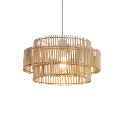16" Boho Handwoven Bamboo Pendant Light with Double-Layer Shade and White Canopy for Dining Room, Bedroom, Living Room, or Vacation Rental