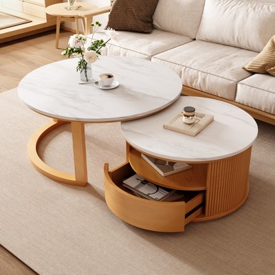 Round Nesting Coffee Table with Marble Top, 2-Tier Storage and Drawer ¨C Ideal for Living Room, Lounge, or Small Spaces