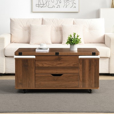 Christopher Knight Home Olia Modern Multi-Functional Lift-Top Coffee Table with Hidden Storage, 4 Stools and Lockable Wheels