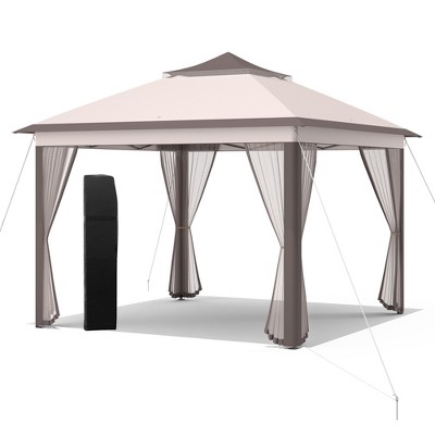 Costway 11'x11' 2-Tier Pop-Up Gazebo Tent Portable Canopy Shelter Carry Bag Mesh Brown\Beige