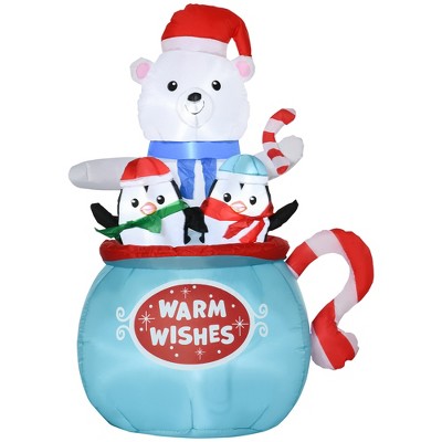 Outsunny 5ft Christmas Inflatables Outdoor Decorations Blessed Polar Bear and Penguins in the Cup, Blow-Up LED Yard Christmas Decor for Holiday