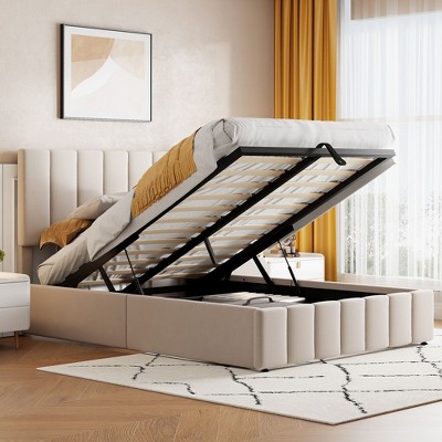 PAGED Modern Wooden Hydraulic Storage Bed, Full Size Bed Frame with Upholstered Headboard, Platform Bed for Bedroom, No Box Spring Needed