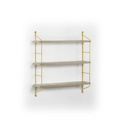Wall Mounted Rustic Decorative Hanging 3 Tier Metal Bracket Shelf for Books and Collectibles, Oak/Yellow