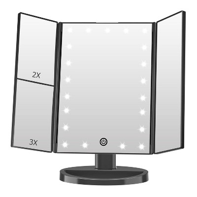 FASCINATE Lighted Makeup Mirror, 21 LED Lights, 3x/2x/1x Magnifying Trifold LED Vanity Mirror, Touch Control Dimmable Brightness,180°Rotation