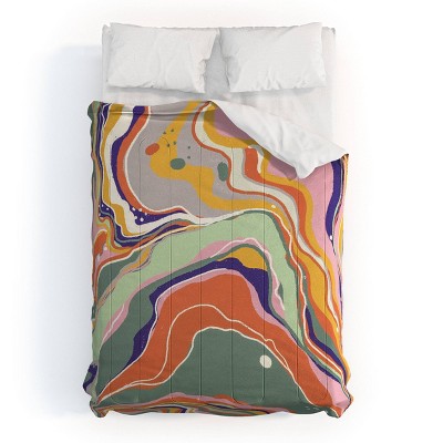 Deny Designs 3pc Full/Queen Gigi Rosado Retro Marble Comforter and Pillow Sham Set Green: Abstract Design, Non-Woven Fabric