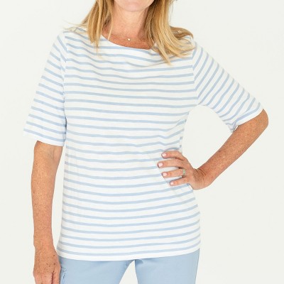 erika Women's Boatneck Blue Striped 3/4 Sleeve Shirt